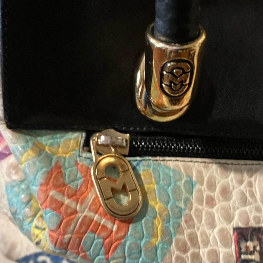 Marino Orlandi Cream and Black Travel-Stamp Satchel